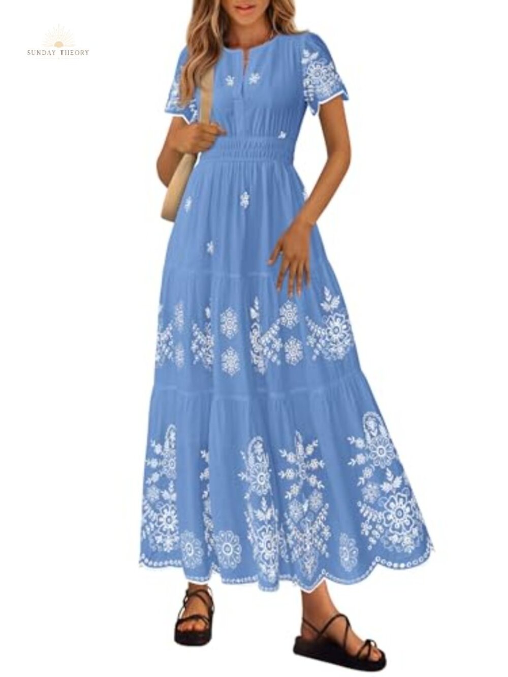 Boho Floral Maxi Dress V-Neck Short Sleeve Tiered Cotton Summer